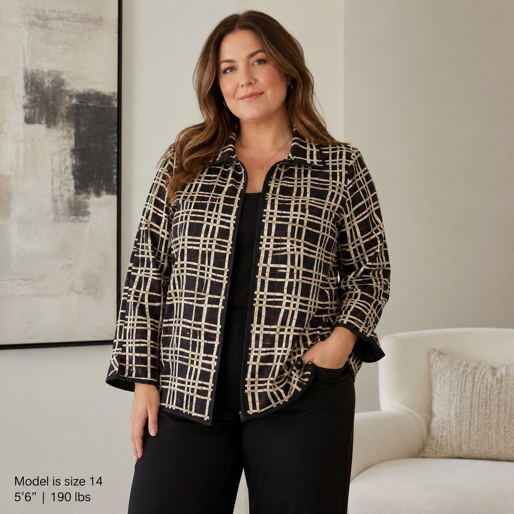 Silkland 100% Silk Jacket Embellished Zip Front Plaid Lightweight Women's 2X